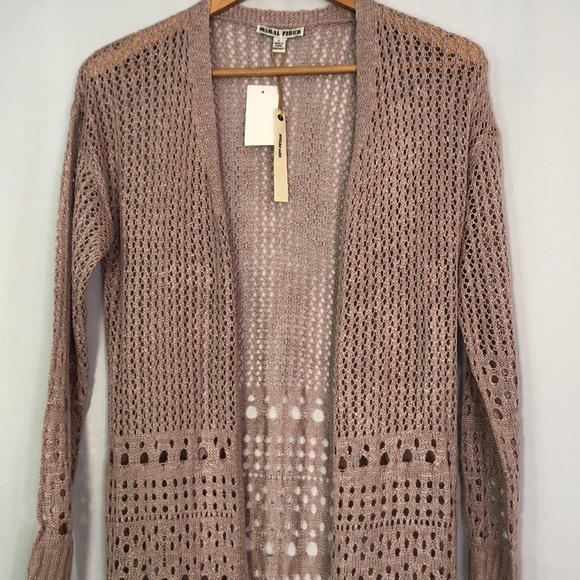 Moral Fiber Crochet Knit Open Front Cardigan Bohemian Size L Mauve Lightweight - Picture 3 of 12